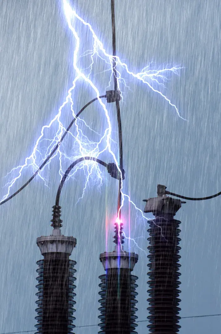 Lightning strikes and electrical arcs appear on power lines and transformers during heavy rain, highlighting the importance of lightning protection, such as installing a lightning rod to safeguard equipment.