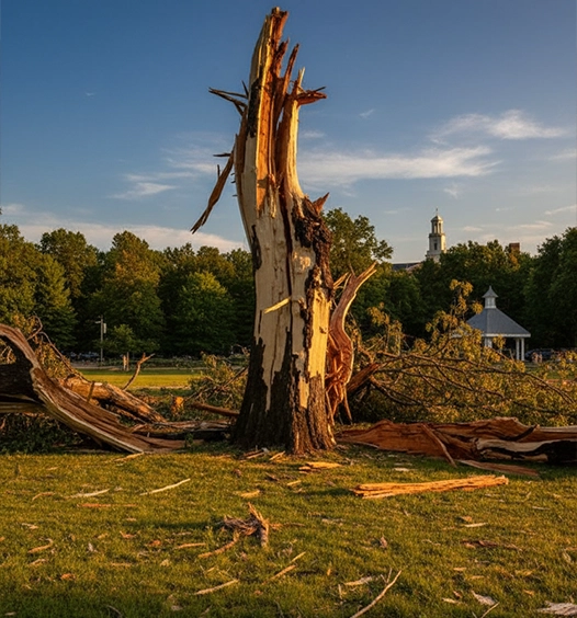 A large tree trunk split and shattered, lying in a grassy area with debris scattered around—trees and a small building are visible in the background, highlighting the importance to install a lightning rod for better lightning protection.