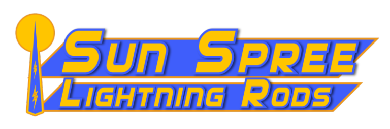 Logo for "Sun Spree Lightning Rods" featuring bold yellow and blue text with a sun and lightning rod graphic on the left, perfect for any business specializing in lightning protection or looking to install lightning rods.