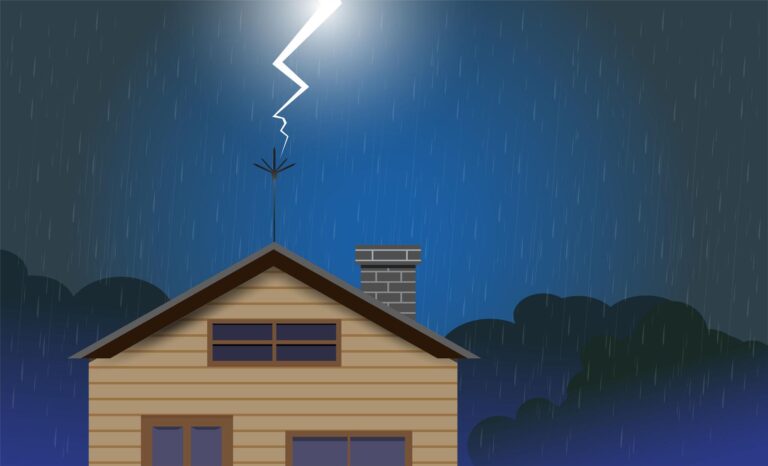 Lightning strikes the lightning rod on the roof of a house during a rainy night, with dark clouds in the background—showcasing essential lightning protection.