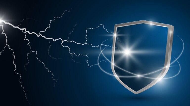 A metallic shield with glowing lights and circular energy rings is shown blocking electric bolts, symbolizing advanced lightning protection, on a dark blue background.